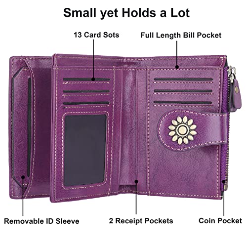 Womens Leather Wallet Small Compact RFID Blocking Credit Card Case Purse with Zipper Pocket | Small - color: Dark Purple