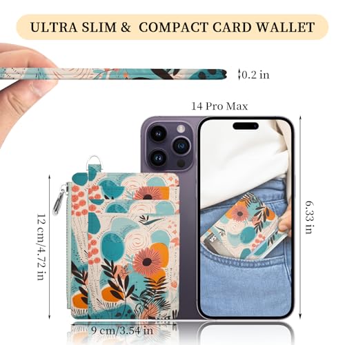 Hancynir Boho Flower Floral Slim Wallet Women Credit Card Holder RFID Small | Zipper Pocket Wallet, Thin Travel Coin Purse, Ladies Women Gifts, Minimalist Card Case, 6 Card Slots, ID Window, PU Leather - color: Abstract Blooming Flower