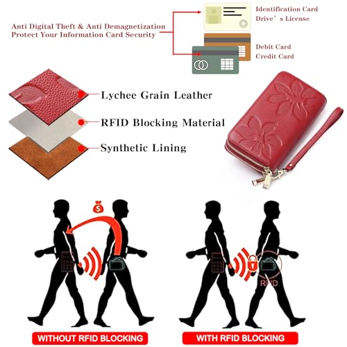 GOIACII Women's Wallet RFID Blocking Leather Wristlet | 2 Zip Around, Large Capacity, Credit Card Holder, Ladies Phone Clutch Purse - color: A05 Red