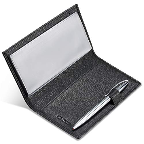 HISCOW Leather Checkbook Cover for Duplicate Checks with Pen Holder - color: Pebbled Black