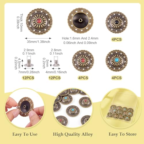 12 Sets Leather Rivets Tibetan Decorative Rivets 3 Colors Alloy Vintage Turquoise Rivets Buttons Rapid Metal Studs for Leather Clothes Bag Purse Craft - color: #09-12 Sets