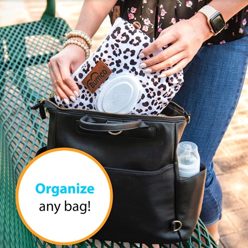 Bumco Portable Diaper Clutch Bag with Built-In Baby Wipes Dispenser | Airtight refillable wet wipes dispenser container. Portable travel wristlet pouch strap for quick cleanups on the go. - color: Snow Leopard