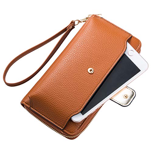 Women Wristlet Wallet with Cell Phone Holder Zip Around Handbag … - color: Brown