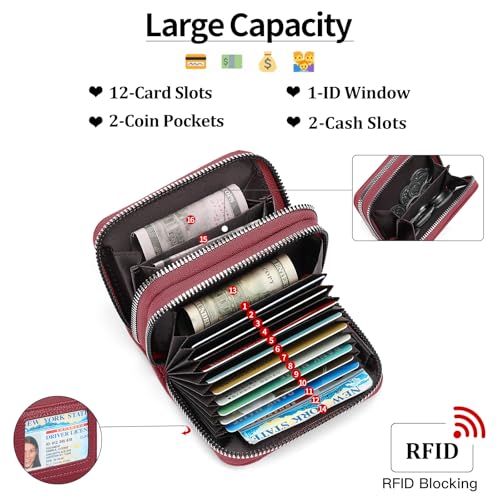 RNIEGA Credit Card Holder Wallet RFID Blocking Leather Small Wallet for Women Double Zipper Wallet with ID Window - color: A-Burgundy