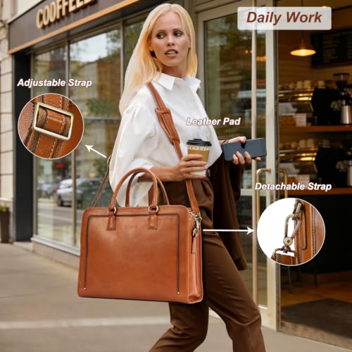 Banuce Italian Full Grain Leather Briefcase for Women Fits 15.6" Laptop | Eco-friendly Leather,Paded Laptop Compartment,Travel-friendly Luggage Strap,Detachable Strap,Office Work,Business Travel - color: Yellow Brown