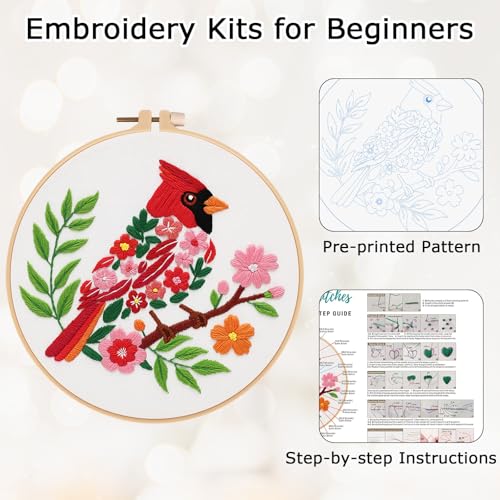 Louise Maelys Cardinal Embroidery Kit, Cross Stitch Kit for Beginne | Animal Embroidery Starter Kit With Stamped Fabric, Hoop, Threads, Needles And Instructions For Adults,Easy Needlepoint - color: birds