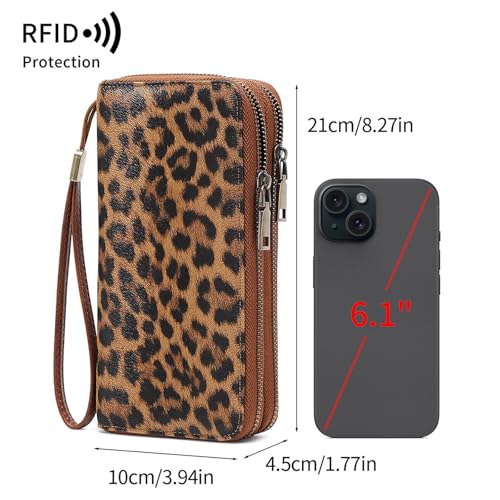 Women Leather Wallet Crossbody Shoulder Bag with Double Zipper and Mobile Phone Purse with Shoulder Strap - color: QB393-Leopard pattern