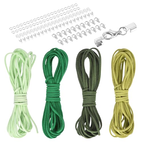 MECCANIXITY 4 Pcs Suede Cord, 5.5 Yards Flat Faux Leather Cord Soft Durable Leather String with Silver Closed-Mouth Ring Rope Clip Lobster Clasps for Art Craft, Green Series - color: Green Series