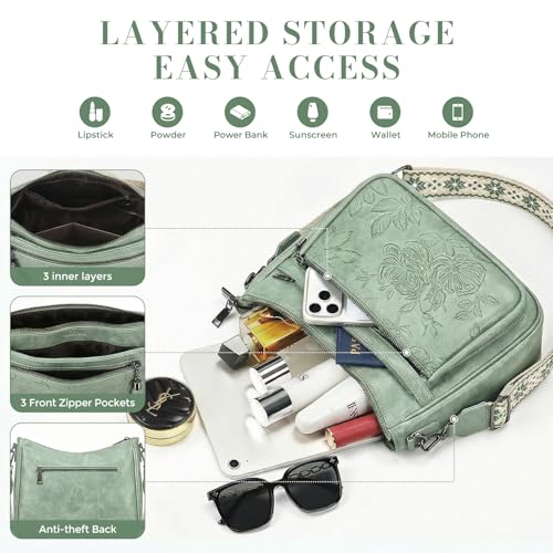 Crossbody Bags for Women, Medium Vegan Leather Purses | Large Capacity Multi-Pocket Embossed Shoulder Bag with Boho Strap for Daily Travel - color: Green