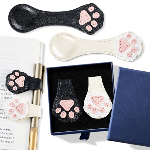 Ovesmusl 2Pcs PU Leather Paw Magnetic Bookmarks with Pen Holder | White and black set with double-sided magnets, gift box included, for books, notebooks, magazines, readers and teachers - style: Paw (White+Black)