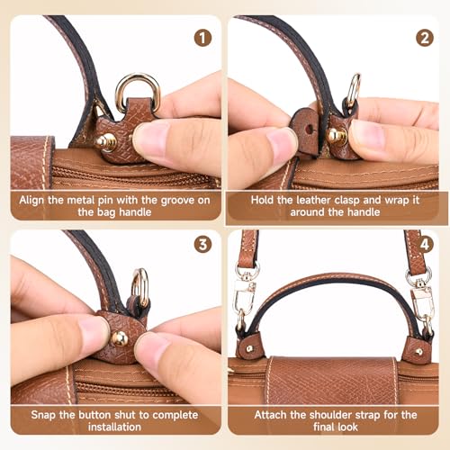 Purse Straps Replacement, Leather Handbag Crossbody Shoulder Strap Kit Adjustable for Mini Longcamp Tote Bag Women - color: Brown Gold