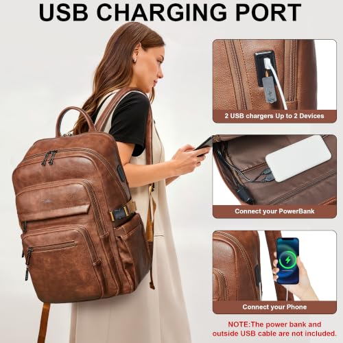 Leather Laptop Backpack for Women Fits 17" Laptop, with RFID Wristlet Purse - color: Brown