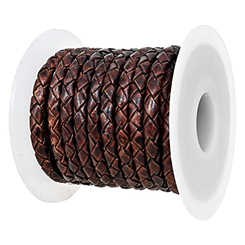 GENIQUE Real/Genuine Round Braided Leather Cord String Rope Folded, Leather Rope for Crafts, Jewelry Making, Necklace, Bracelets (5 Metres) (5mm, Antique Brown Distressed) - color: Antique Brown Distressed, size: 5mm