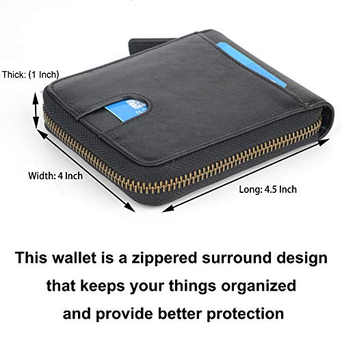 Genuine Leather Zipper Wallet With Coin Pocket, RFID Blocking Zip Around Front Pocket Bifold Wallet, Gift for Men - color: Black