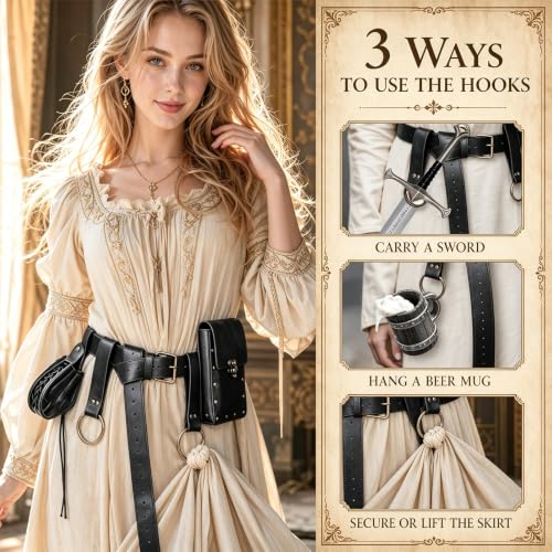 Renaissance Belt Pouch Medieval Pirate Costume Accessories, Golden Black | Viking Faux Leather, Waist Bag with Skirt Hikes, For Cosplay LARP - color: Golden Black