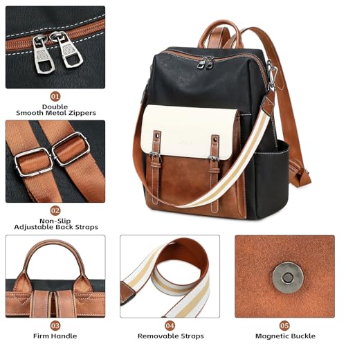 AGLOD Backpack Purse for Women PU Leather Back Packs Designer Ladies Shoulder Bag Fashion Faux Work Travel Handbags - color: Beige--black-brown