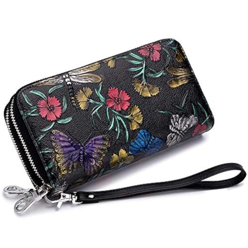 GOIACII Women's Wallet RFID Blocking Leather Wristlet | 2 Zip Around, Large Capacity, Credit Card Holder, Ladies Phone Clutch Purse - color: B02 Butterflies Dragonflies