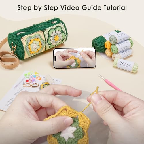 Noocro Crochet Kit for Cylindrical Bucket Bag, Purse, Complete DIY Kit with Detailed Instructions, Video Tutorials, for Beginners with Basic Crochet Knowledge or Intermediate and Advanced Crocheters - color: Spring Meadow