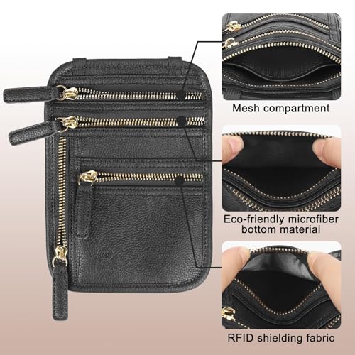 Neck Wallet for Traveling Women Men, RFID Blocking Leather Travel Pouch - color: Raven Black