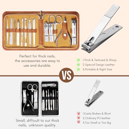 FAMILIFE Manicure Set, Nail Professional Kit Manicure Kits Nail Clipper Sets, 13PCS Stainless Steel Pedicure Sets Mens Grooming Tool, with Brown Leather Travel Case for Men - color: Bright Silver