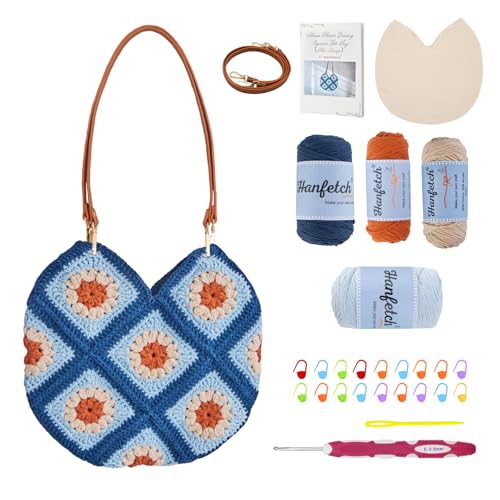 Hanfetch Crochet Kit for Advanced or Intermediate Beginner, Step by Step Video Tutorial and Detailed Guide Instruction DIY Craft Supplies for Adult and Kid with Complete Kit for Granny Square Tote Bag - color: Blue-Orange