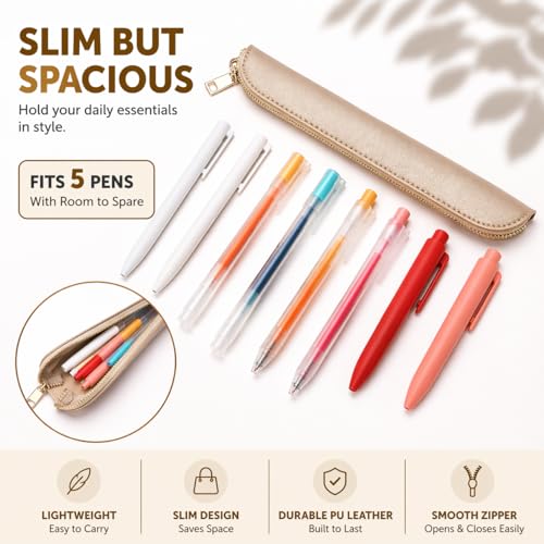 Slim Pencil Case Skinny Pen Case Pen Pouch (FL Pearl White Tea) | Smooth gold zipper; wipe-clean faux leather; fits a few gel writers and a stylus; slips into planners backpacks and totes - color: Pearl White Tea