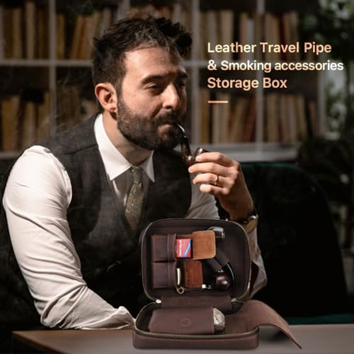 Hiram Leather Pipe Storage Box for Men Travel Smoking Accessories Organizer Case with Dual Pipe Holders Lighters Pockets Tobacco Pouch Portable Full Grain Leather Carrying Bag for Smoker Supplies