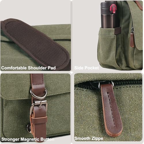 Vintage Messenger Bag 15.6 Inch Laptop for Men Women, Large Travel Crossbody Shoulder Purse Canvas Briefcase Work College - color: Green-upgrade