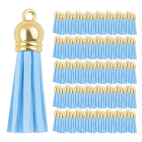 Mandala Crafts Gold Cap Light Blue Faux Suede Leather Tassels, 100 PCs - color: Gold Cap Light Blue Suede