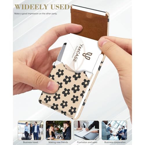 2Pack Leather Stainless Steel Business Card Holder, Metal Slim Business Card Case for Women or Men, Pocket Business Card Carrier with Prints, Magnetic Closure, RFID Blocking - color: Petals-Black