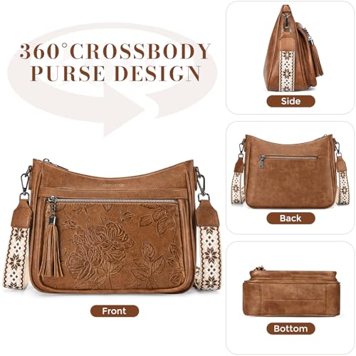 Crossbody Bags for Women, Medium Vegan Leather Purses | Large Capacity Multi-Pocket Embossed Shoulder Bag with Boho Strap for Daily Travel - color: Brown