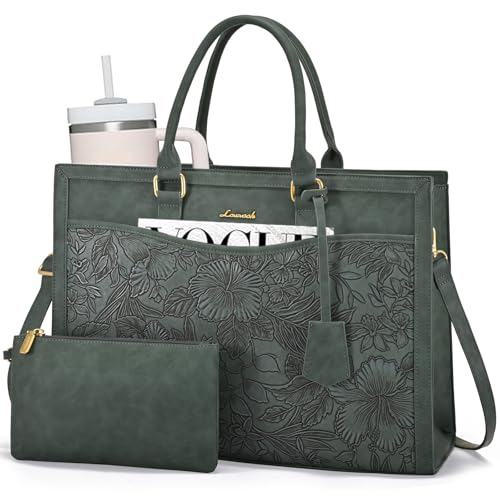 LOVEVOOK Laptop Tote Bag for Women, Large Work Computer Bag with Cup Holder - color: Retro Embossed Green, size: 15.6 Inch