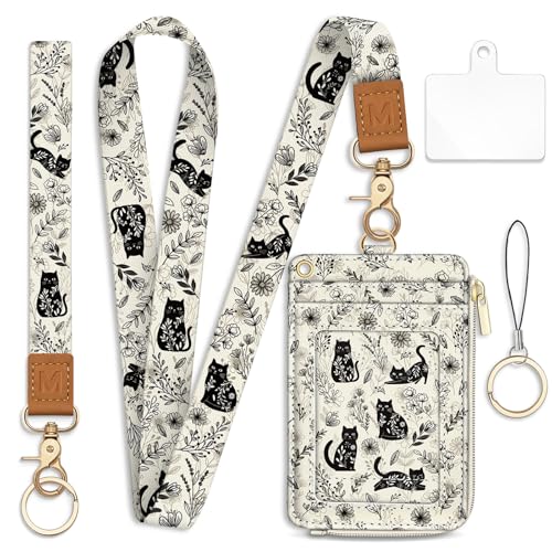 Boho Cat Lanyard Wallet with Id Badge Holder Keychain Card Women - color: Cat Vintage