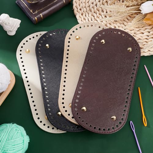 PH PandaHall 4pcs Bag Bottom Base Pads, 4 Colors Oval Crochet Bag Bottom PU Leather Bottom Shaper Pad with Hole Knitting Crochet Base Purse Bottom for DIY Crochet Handbag Making, 10x4.7inch - size: 10x4.7 inch