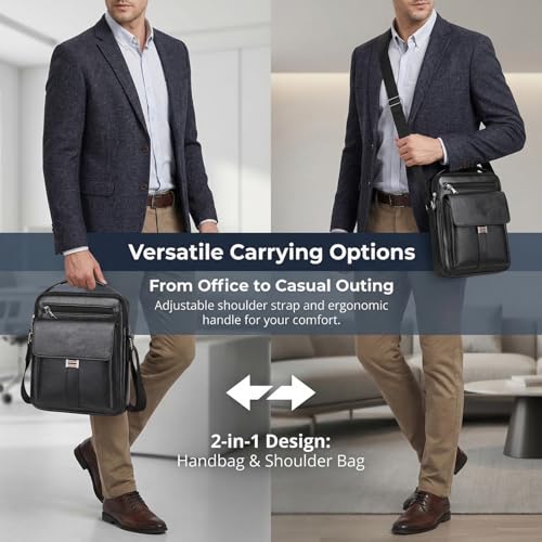 Crossbody Bag for Men, PU Leather Shoulder Messenger Bag with Handle - color: Deep Black
