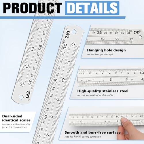 6 Pcs 12 Inch Metal Straight Edge Rulers, Double Sided Inch/Metric Conversion, Non-Bendable Stainless Steel Rulers for Carpentry, Metalworking, Tailoring & Surveying, Drawing, Office, Home - size: 12 Inch