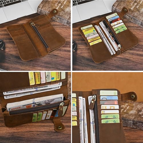 Genuine Crazy Horse Leather Travel Gift Coin Pocket Card Case Long Organizer Chain Rfid Wallet Purse With Snap For Men Male 1088 (1088 Dark Brown-Dragon) - color: 1088 Dark Brown-Dragon
