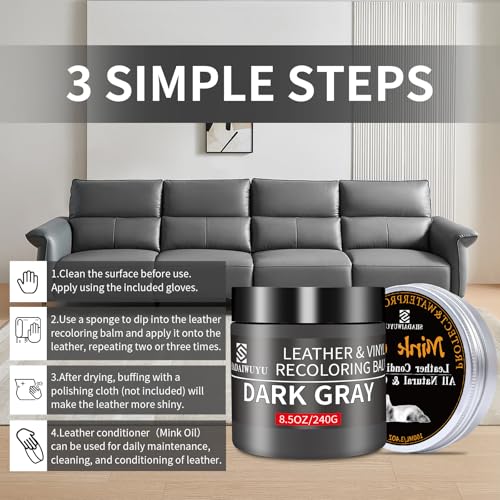 SHADAIWUYU 8.5oz Leather Recoloring Balm with 100ml Mink Oil,Dark Gray Leather Repair kit for Furniture and Car Interior,Leather Couch Scratch Repair,Leather Dye Paint,Mink Oil for Leather - color: Dark Gray, size: Leather Recoloring Balm+Mink Oil
