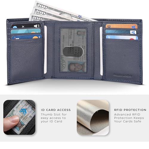 Trifold Leather Wallet for Men - RFID Slim Minimalist Front Pocket 6 Slots - color: Nappa Navy
