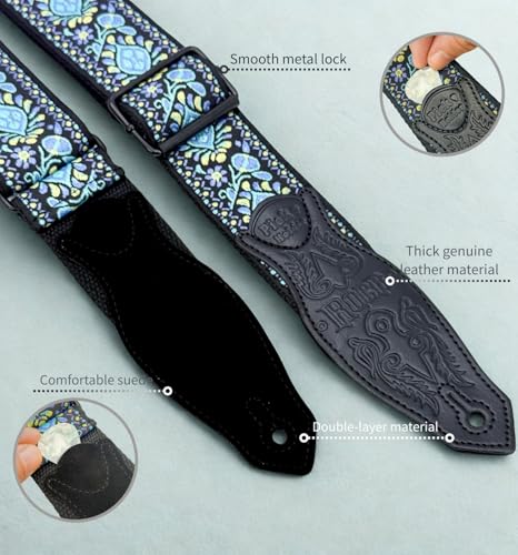 Rockyou 2" Wide Double-Layer Padded Guitar Strap with 4 Pick Holders, beauty Leather Ends & Metal Buckles(Indigo Garden) - color: Indigo Garden