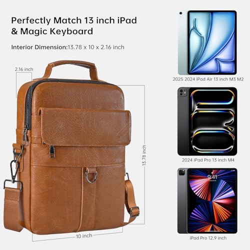 12.9-13 Inch iPad Carrying Leather Bag for 2026 2025 13 inch iPad Air M4 M3 & iPad Pro M4 M5 with Magic Keyboard, iPad Pro 12.9, Travel Shoulder Sleeve Case, Brown - color: Brown, size: 13 Inch
