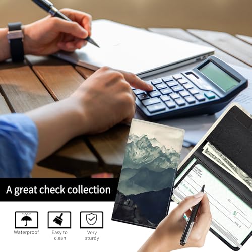 Checkbook Cover for Personal Checkbook, Cute PU Leather Check Book for Women & Men, Slim Checkbook Holder with Pen Holder and Built-in Clear Plastic Divider Forest Mountain Fog - color: Forest Mountain Fog