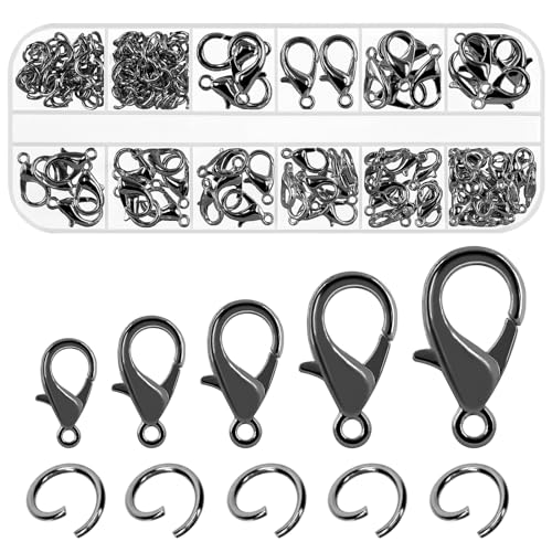 Swpeet 170Pcs Gun Black 10mm 12mm 14mm 16mm 18mm Open Jump Rings and 6mm Lobster Clasps Assortment Kit, Perfect Jewelry Findings Kit Fits for DIY Making Bookmark Pinch Bracelet Choker Necklace - color: Gun Black