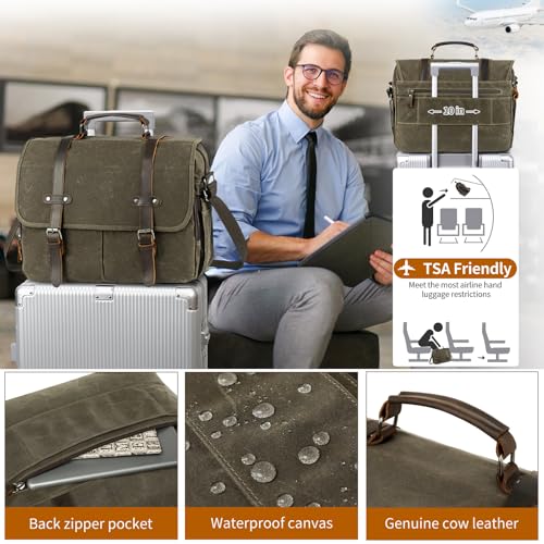 Vintage Men Laptop Bag, 15.6 Inch Messenger Bag Leather Waxed Canvas | Briefcase Large Computer Laptop Bag Briefcase Satchel Handbags Crossbody Bags Water Resistant Work Business Travel - color: Green