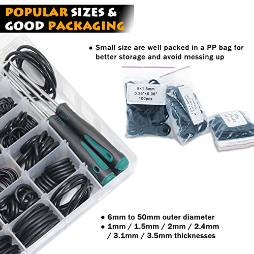 KOOTANS 32Size 1225Pcs Metric Nitrile Rubber O Rings Assortment Kit + 4pcs O-Ring Remover, Oil Resistant NBR O-Ring Sealing Assortment Kit Set for Air Plumbing, Fuel Injector and Faucet Seal O Rings - style: 1225Pcs 32Size O-RING