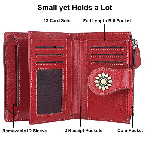 Womens Leather Wallet Small Compact RFID Blocking Credit Card Case Purse with Zipper Pocket | Small - color: Dark Red