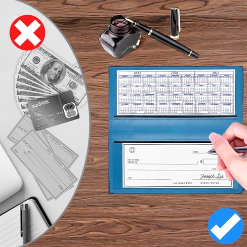 CASMONAL Checkbook Cover for Personal, Check Book Holder for Women & Men | PU Leather with Pen Holder, Transparent PVC Divider for Duplicate Checks - color: Blue Cadet
