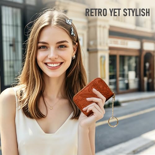 credit card holder for women，Embossed leather Rfid wallet women， KeyChain Wallet - color: Brown