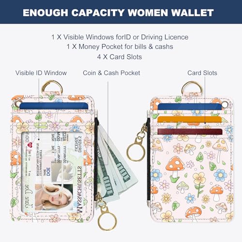 Slim Wallet Credit Card Holder, Mushrooms And Flowers, RFID Wallet Women Cute Small Front Pocket Wallet With Zipper, PU Leather Thin travel RFID Blocking Card Case ID Window,Ladies Gifts - color: Mushrooms And Flowers