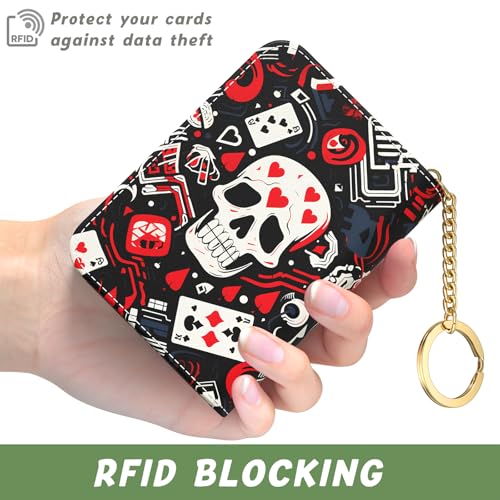 Credit Card Holder for Women, Small RFID Wallet Slim Leather Card Case - color: Abstract Skull, size: Keychain